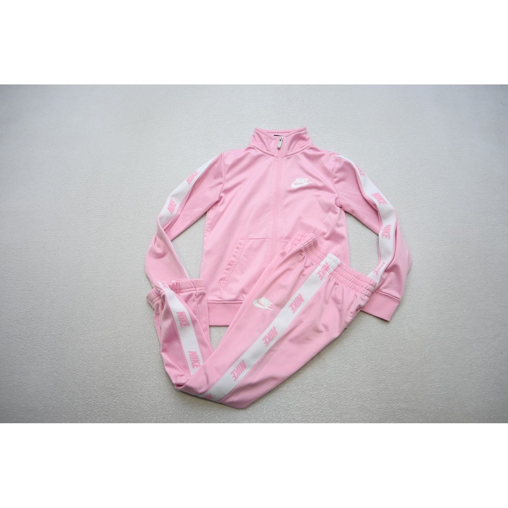 Nike Tracksuit Set Kids Size 6 Pink Logo Tape Zip Jacket Joggers Excellent